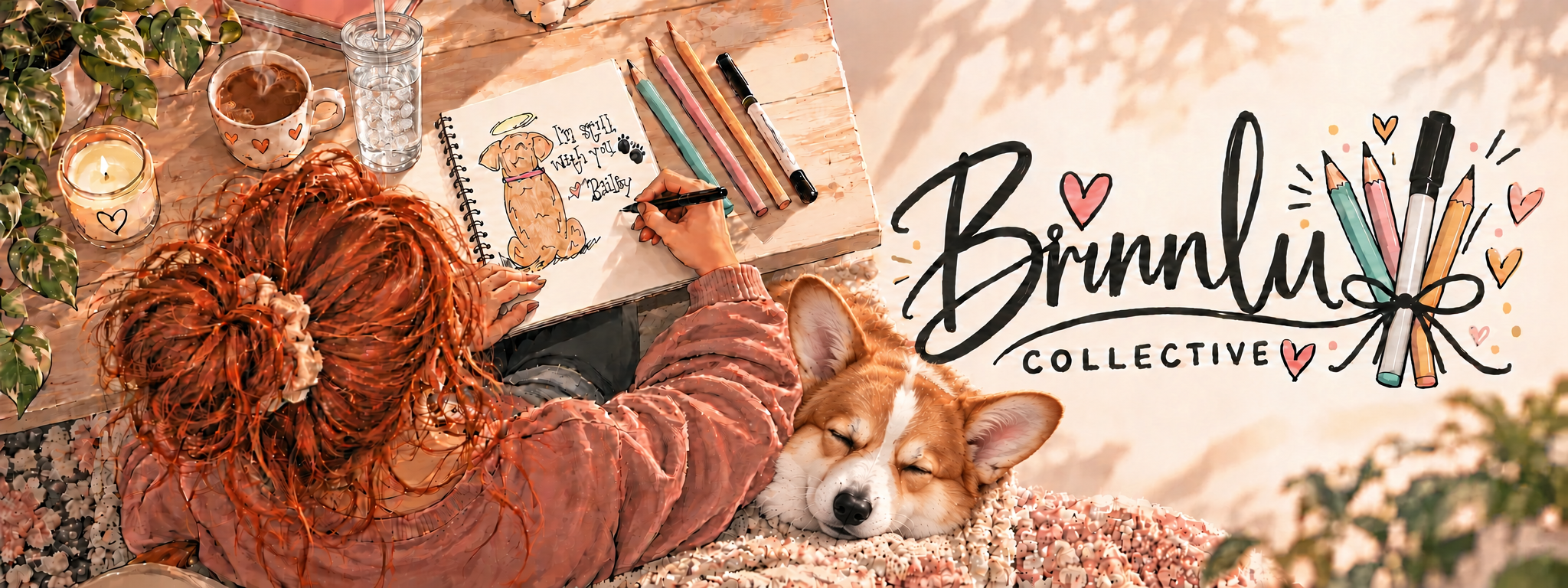 An illustrated creative desk with a red-haired artist drawing Bailey’s memorial artwork, hot coffee, a tall glass tumbler filled with ice water, with a lid and straw, a sleeping corgi, and the BrinnLu Collective logo